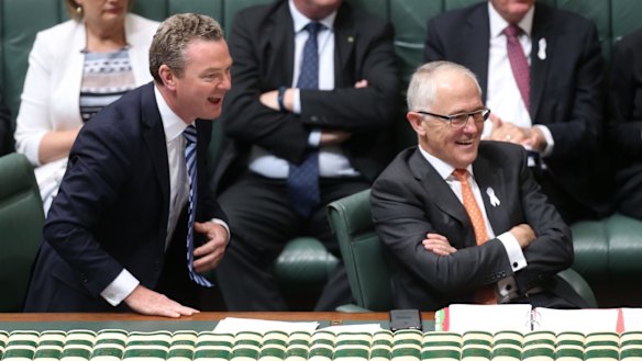 Leader of the House Christopher Pyne and Prime Minister Malcolm Turnbull during question time on Tuesday.