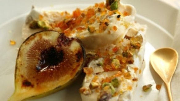 Frozen pistachio nougat with praline and caramelised figs