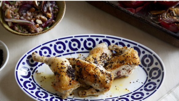 Roast red onion salad (top left) makes a great side for roast poultry dishes, such as spatchcock.