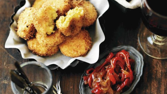 Tear off small cherry-tomato-sized pieces of the fritter mix and deep fry them to create rustic-looking mini fritters.