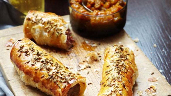 Luke Mangan's pork and fennel sausage rolls with green tomato chutney.