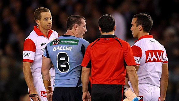 Blues skipper Paul Gallen makes his feelings known to referees during Origin I in Melbourne.