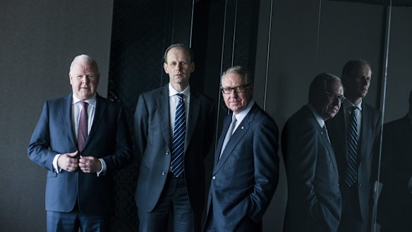(Left to right) Former ANZ chief executive Mike Smith with his successor Shayne Elliott and chairman David Gonski. 