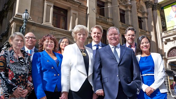 Robert Doyle with his ticket for this year's Melbourne City Council elections (l-r): Sue Stanley, Kevin Louey, Beverley Pinder-Mortimer, Hope Wei, Susan Riley, Arron Wood, Nicholas Reece and Tessa Sullivan.
