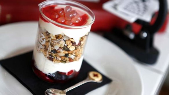 The breakfast trifle beaker features fruit 'pearls'.