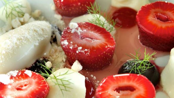 Parsnip ice-cream, strawberries and silky buttermilk curd.