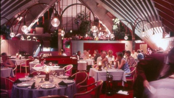 Bennelong Restaurant lavish in crimson circa 1985.