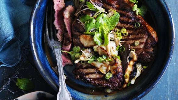 No cream please: Sirloin steak with Asian mushroom and herb salad.