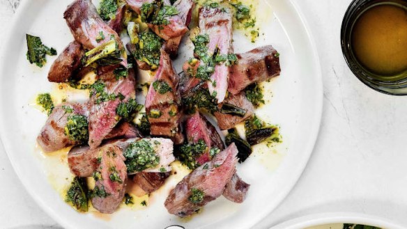 Lamb tenderloins, charred eschallot and salsa verde.