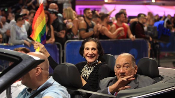 SYDNEY, AUSTRALIA - MARCH 07: Former NSW Govenor Marie Bashir with partner Nick Shehadie during the Mardi Gras parade on March 7, 2015 in Sydney, Australia. (Photo by James Alcock/Fairfax Media)