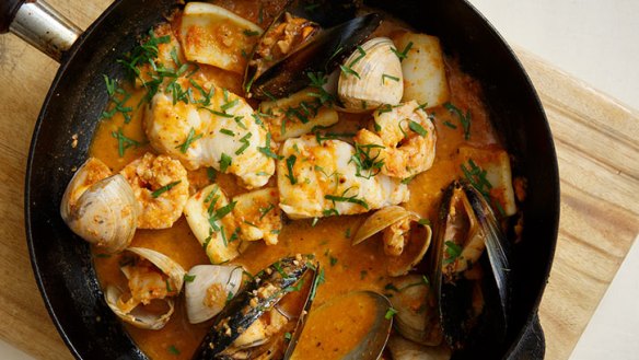 Romesco sauce lays the foundation for this superb rockling and shellfish dish.