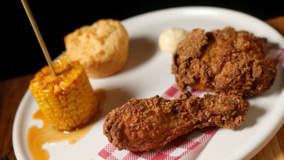 Southern fried chicken with cheesy cornbread and sweetcorn.