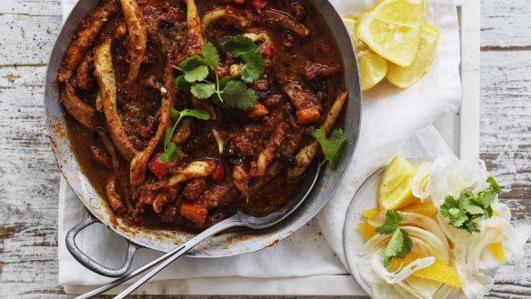 Neil Perry's tagine of squid, tomato and red capsicum 