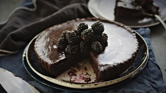 Glossy chocolate ganache tart.