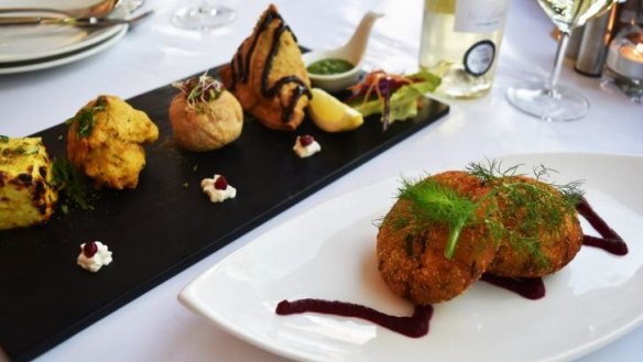 Blue swimmer crab tikki and a vegetarian sharing platter.