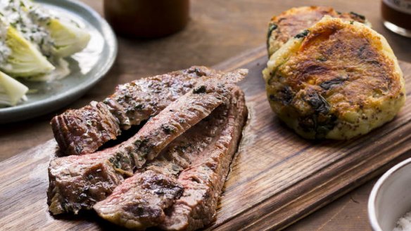 Bubble and squeak, top right, makes a great side to barbecued flank steak.