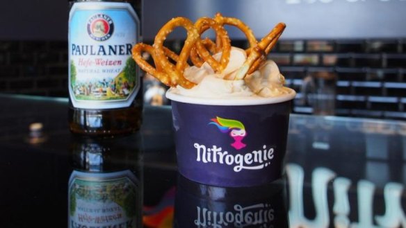 Nitrogenie's 'pale ale caramel' ice-cream is garnished with pretzels.
