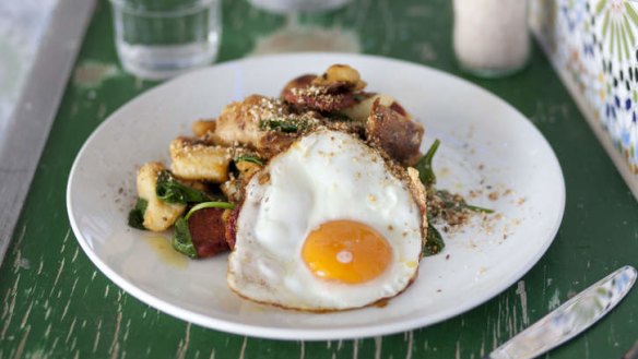 Grilled sujuk sausage with fried egg.