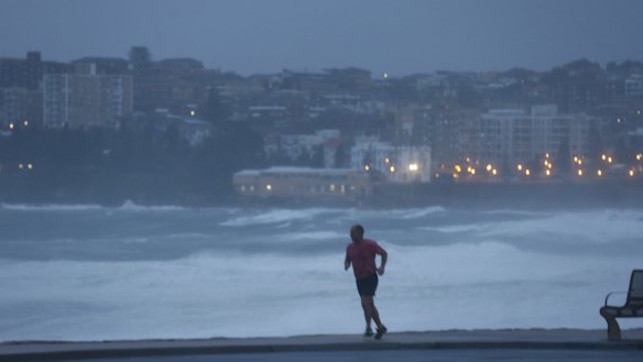 A lone jogger braves the elements at the Clovelly car park on Tuesday.