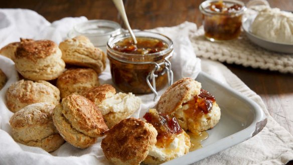 Classic with a twist: Saffron scones with labna and marmalade.