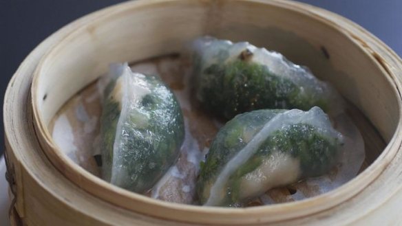 Steamed spinach and shrimp dumplings.