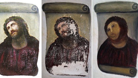 Before and after … the original fresco of Christ, Ecce Homo, left and centre, which was transformed, right, by Cecilia Gimenez.
