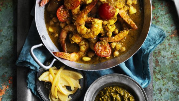 Tagine of king prawn, chickpeas, almonds and cherry tomatoes.