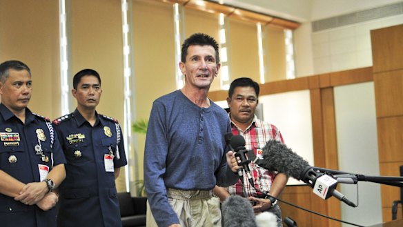 Rodwell addresses the media after his release in 2013.