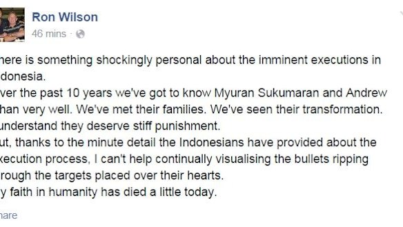 Broadcast personality Ron Wilson's pays tribute on Facebook to Chan and Sukumaran.