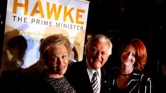 Bob Hawke at the launch of his biography with wife Blanche d'Alpuget and Julia Gillard.