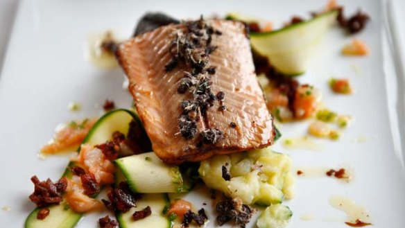 Smoked Harrietville trout with zucchini 'carpaccio'.