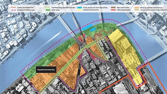 Plans for the expansion of South Bank - the existing area shown outlined in orange, the cultural precinct in coloured yellow, green space coloured green and the expanded South Bank 2 within the purple dotted line.