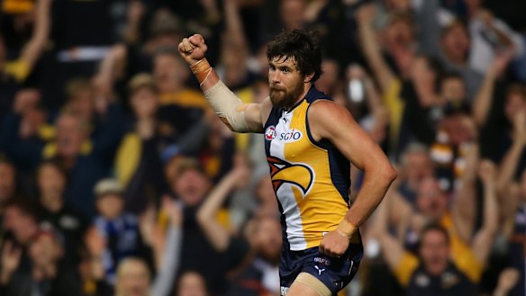 PERTH, AUSTRALIA - SEPTEMBER 26:  Josh Kennedy of the Eagles celebrates a goal during the AFL Second Preliminary Final match between the West Coast Eagles and the North Melbourne Kangaroos at Domain Stadium on September 26, 2015 in Perth, Australia.  (Photo by Paul Kane/Getty Images)