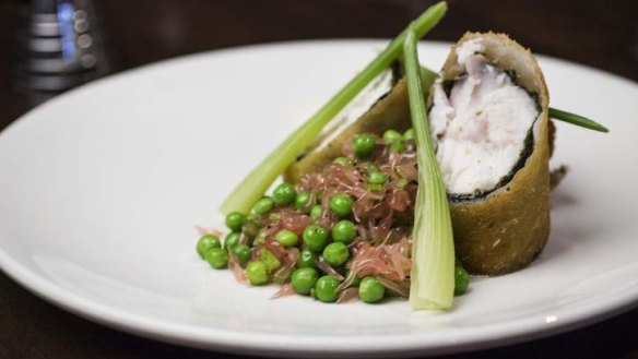 Flathead in kataifi pastry, with nori  seaweed, peas, and grapefruit and oyster mayonnaise.