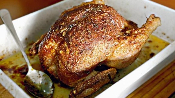 Steve Manfredi's roast Chicken with a bread and tarragon stuffing.