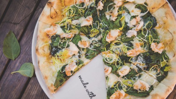 Gamberi pizza with prawns, leek, spinach, mascarpone, and chilli oil.