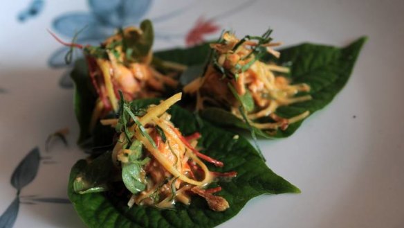 Betel leaves with smoked trout and coconut chilli dressing at Soju Girl.