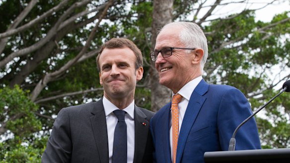French President Emmanuel Macron and Prime Minister Malcolm Turnbull at Wednesday's press conference at Kirribilli House.