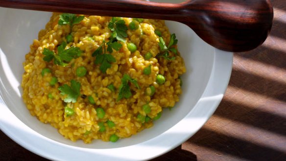Tony Chiodo's risotto with pumpkin, peas, brown rice, barley and whole-wheat grain.