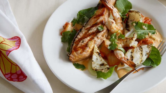 Barbecued seafood with cucumber and kimchi salad.