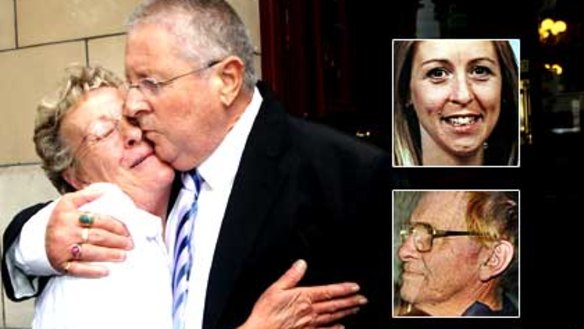 Pam and Max Greenbury celebrate the sentence of Leigh Robinson (inset bottom) who murdered their daughter Tracey (inset top).