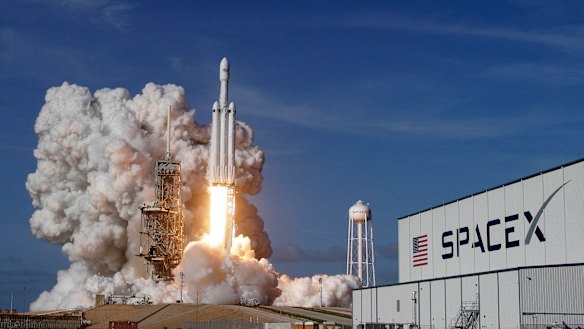 The Falcon 9 SpaceX heavy rocket lifts off from the Kennedy Space Centre in Florida. 