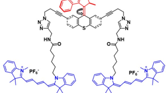 A chemical schematic shows the design of single-molecule nanosubs. The sub’s fluorescent pontoons are blue; the motor is red.