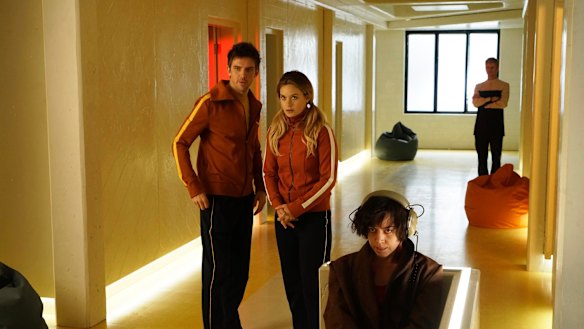 Dan Stevens (left), Rachel Keller and Aubrey Plaza in 