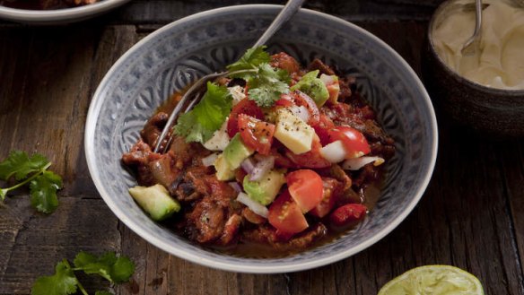 Chilli with black beans, avocado and sour cream.