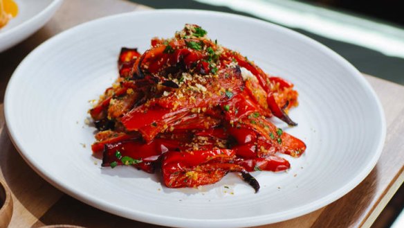 Roasted capsicums with breadcrumbs and olives.