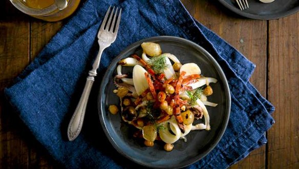 Grilled calamari, chorizo, palm heart and chickpea salad.