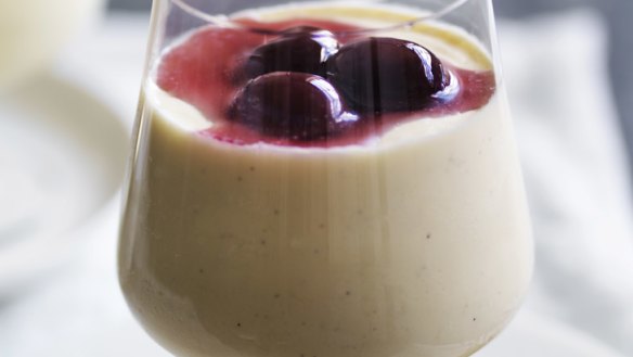 White-chocolate mousse with cherry compote