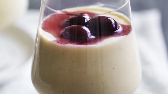 White-chocolate mousse with cherry compote