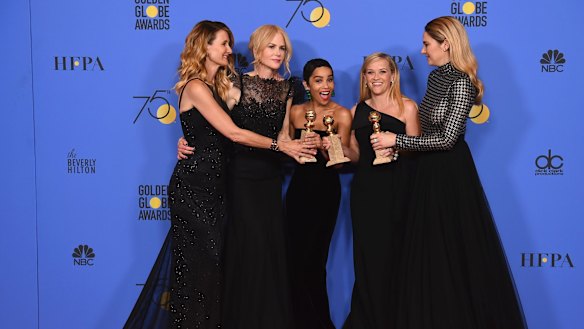 Laura Dern, from left, Nicole Kidman, Zoe Kravitz, Reese Witherspoon and Shailene Woodley pose in the press room with the award for best television limited series or motion picture made for television for "Big Little Lies" at the 75th annual Golden Globe Awards at the Beverly Hilton Hotel on Sunday, Jan. 7, 2018, in Beverly Hills, Calif. (Photo by Jordan Strauss/Invision/AP)
